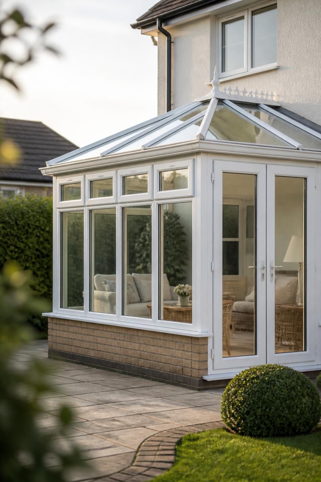 Spotless conservatory and white uPVC frames on a well-kept home.