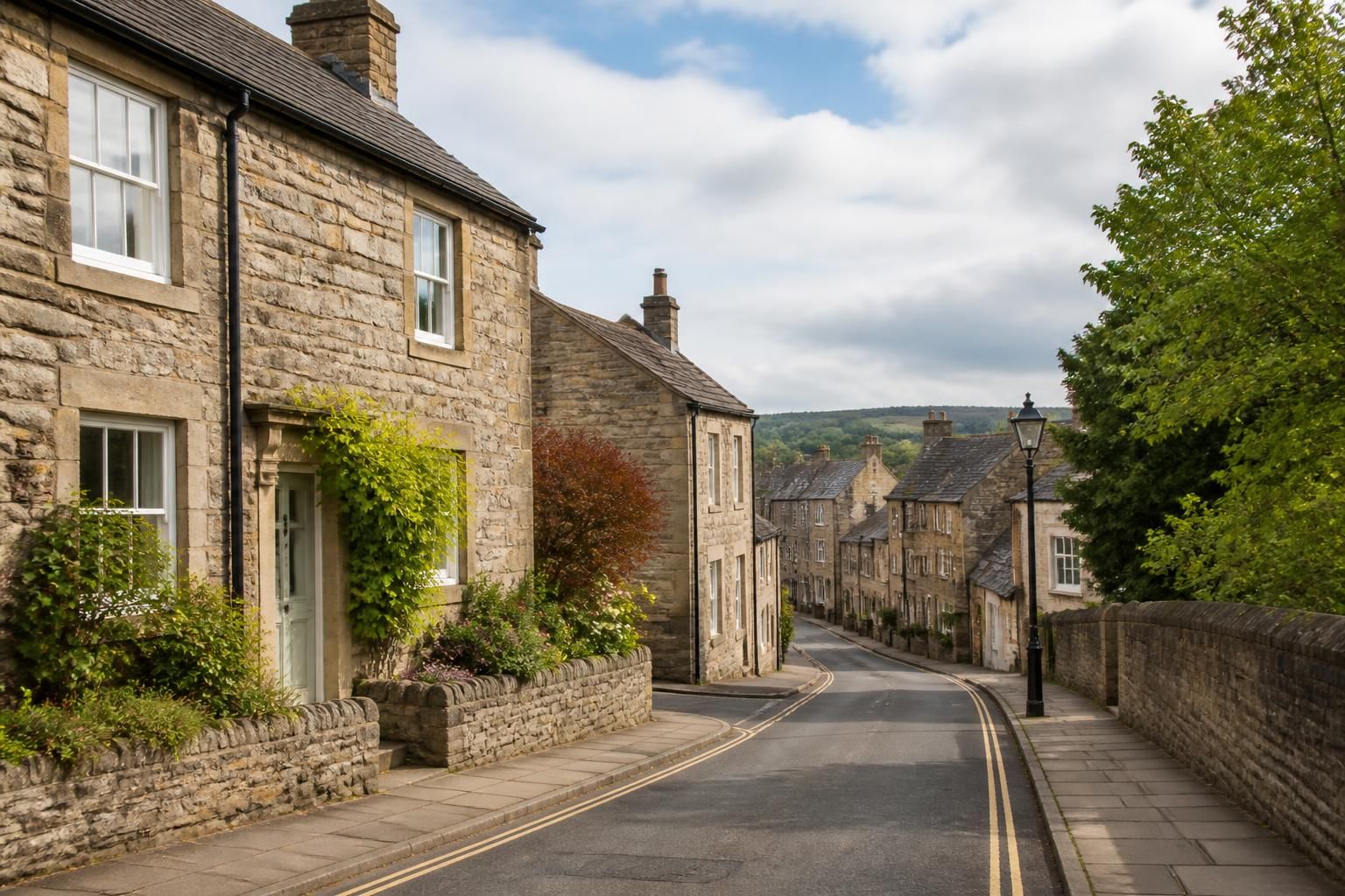 Charming Ashbourne stone houses along a tidy street.