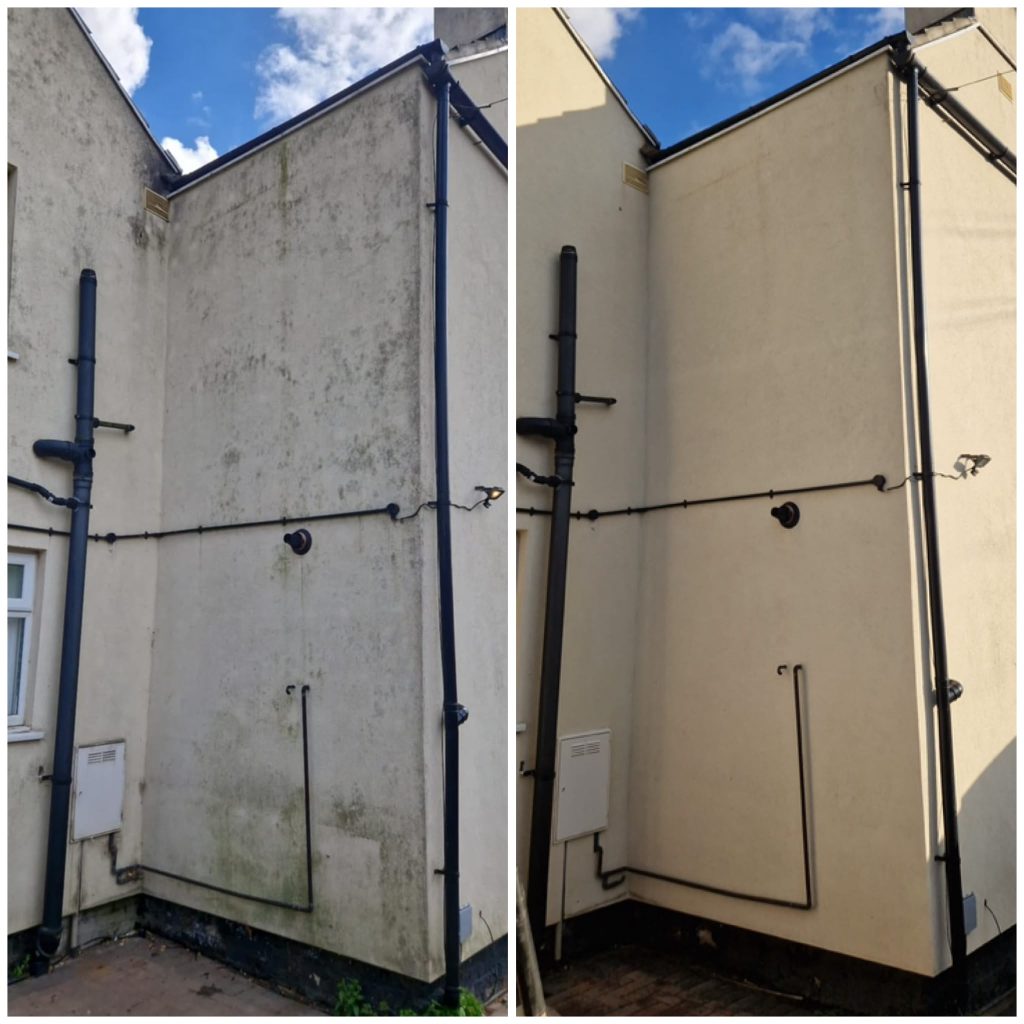Soft washing exterior wall before and after