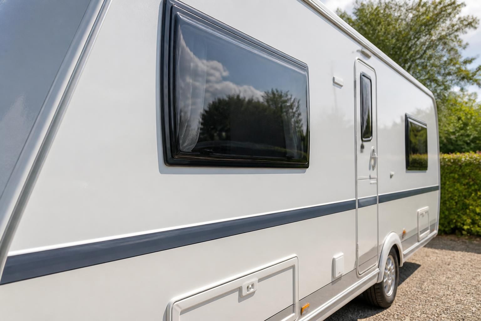 Freshly cleaned caravan exterior with bright panels and windows.