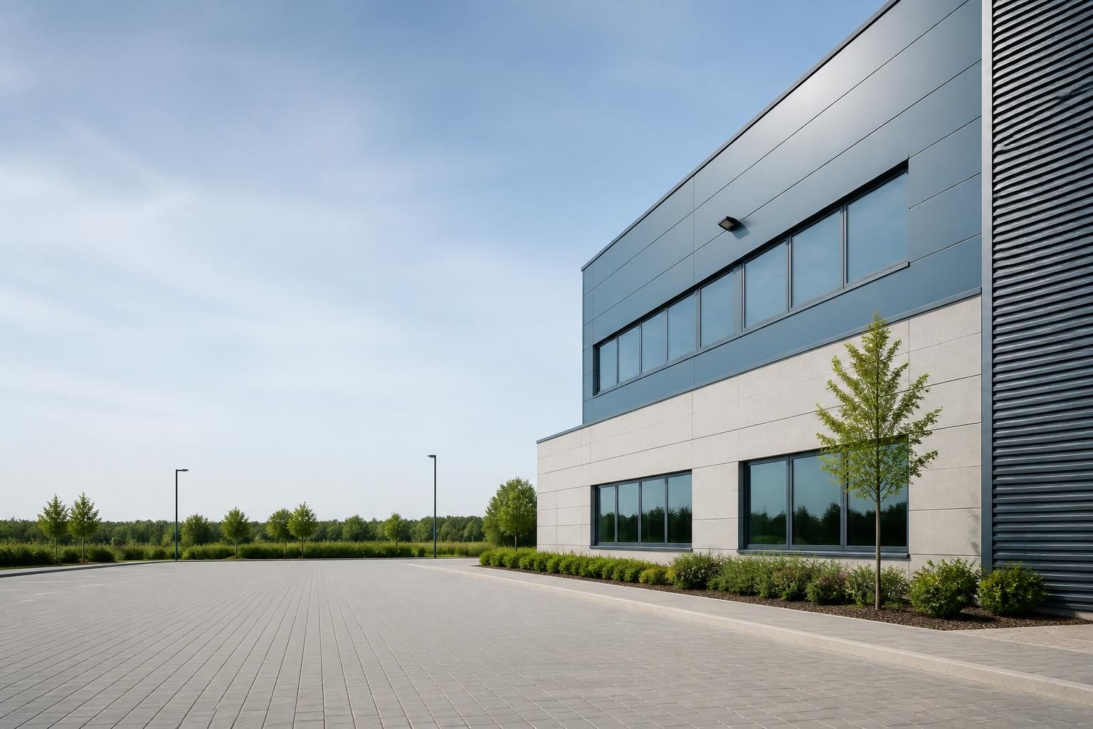 Pristine commercial exterior with clean paving and cladding.