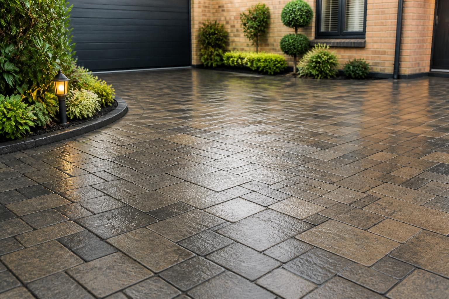 Freshly jet washed driveway with clean paving and subtle sheen.