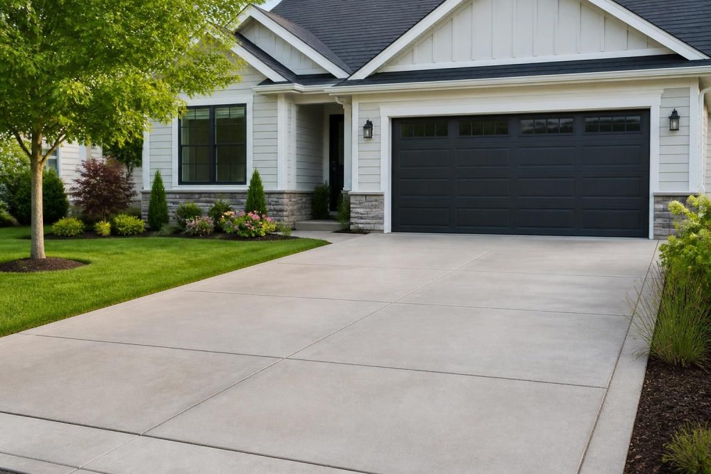 Freshly cleaned driveway beside a tidy modern home exterior.