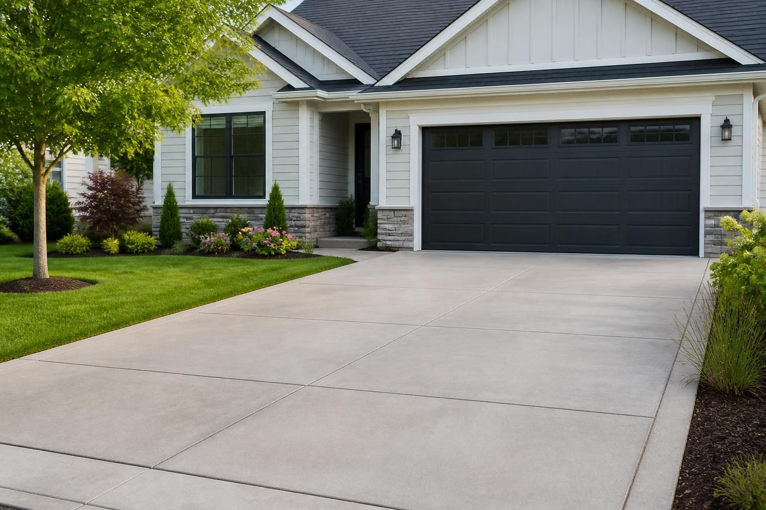 Freshly cleaned driveway beside a tidy modern home exterior.