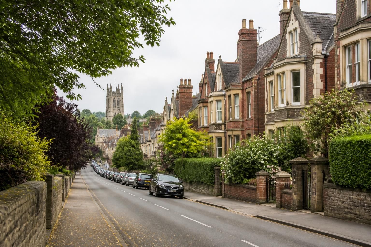 Attractive Nottingham street with homes and mature greenery.